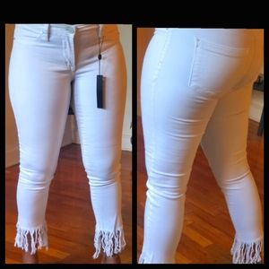 White Fringe Bottom Jeans